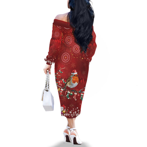 Australia Red - capped Robin Christmas In July Family Matching Off The Shoulder Long Sleeve Dress and Hawaiian Shirt Aussie Passerine Bird Merry Xmas