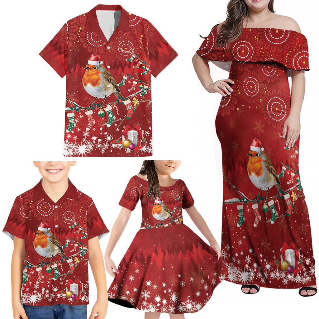 Australia Red - capped Robin Christmas In July Family Matching Off Shoulder Maxi Dress and Hawaiian Shirt Aussie Passerine Bird Merry Xmas
