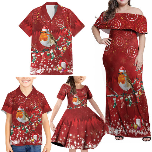 Australia Red - capped Robin Christmas In July Family Matching Off Shoulder Maxi Dress and Hawaiian Shirt Aussie Passerine Bird Merry Xmas