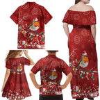 Australia Red - capped Robin Christmas In July Family Matching Off Shoulder Maxi Dress and Hawaiian Shirt Aussie Passerine Bird Merry Xmas