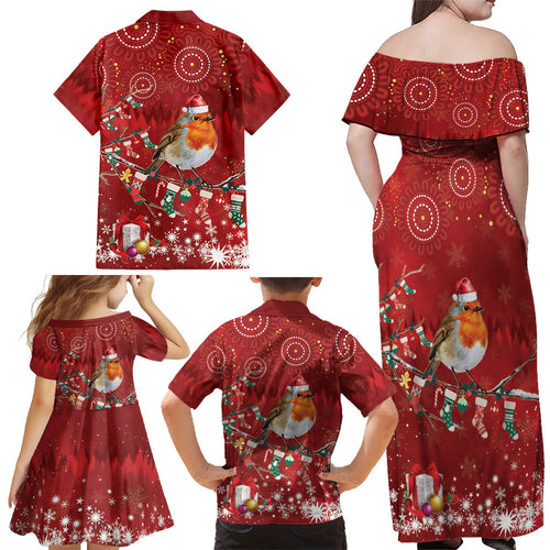 Australia Red - capped Robin Christmas In July Family Matching Off Shoulder Maxi Dress and Hawaiian Shirt Aussie Passerine Bird Merry Xmas