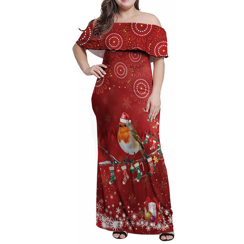 Australia Red - capped Robin Christmas In July Family Matching Off Shoulder Maxi Dress and Hawaiian Shirt Aussie Passerine Bird Merry Xmas