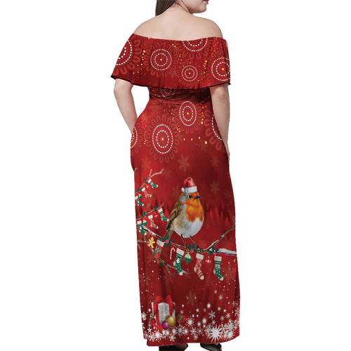 Australia Red - capped Robin Christmas In July Family Matching Off Shoulder Maxi Dress and Hawaiian Shirt Aussie Passerine Bird Merry Xmas