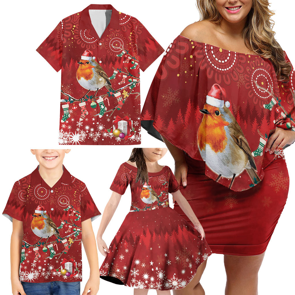 Australia Red - capped Robin Christmas In July Family Matching Off Shoulder Short Dress and Hawaiian Shirt Aussie Passerine Bird Merry Xmas