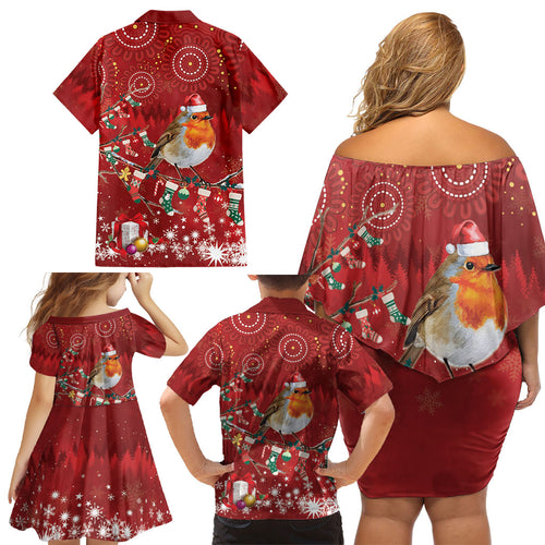 Australia Red - capped Robin Christmas In July Family Matching Off Shoulder Short Dress and Hawaiian Shirt Aussie Passerine Bird Merry Xmas