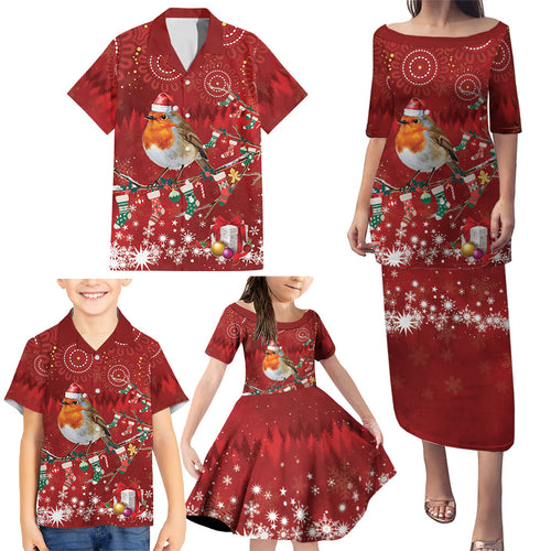 Australia Red - capped Robin Christmas In July Family Matching Puletasi and Hawaiian Shirt Aussie Passerine Bird Merry Xmas