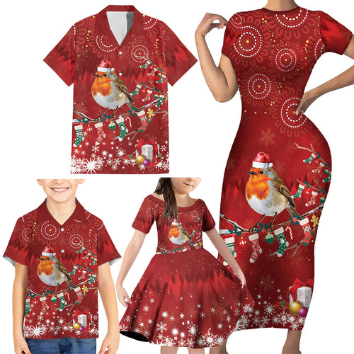 Australia Red - capped Robin Christmas In July Family Matching Short Sleeve Bodycon Dress and Hawaiian Shirt Aussie Passerine Bird Merry Xmas