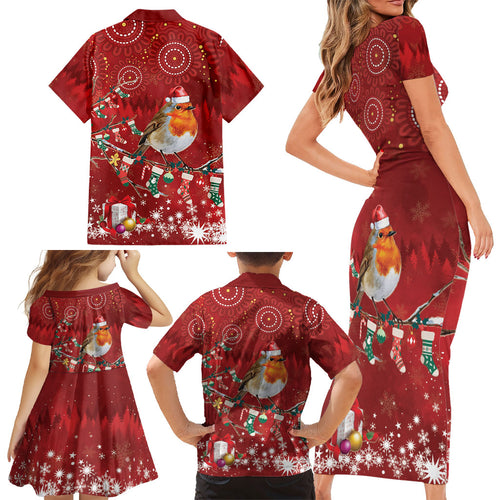 Australia Red - capped Robin Christmas In July Family Matching Short Sleeve Bodycon Dress and Hawaiian Shirt Aussie Passerine Bird Merry Xmas