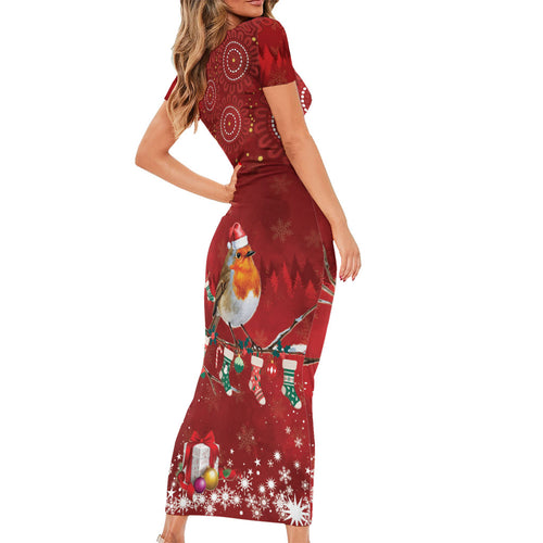 Australia Red - capped Robin Christmas In July Family Matching Short Sleeve Bodycon Dress and Hawaiian Shirt Aussie Passerine Bird Merry Xmas