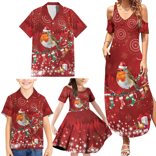 Australia Red - capped Robin Christmas In July Family Matching Summer Maxi Dress and Hawaiian Shirt Aussie Passerine Bird Merry Xmas