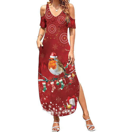 Australia Red - capped Robin Christmas In July Family Matching Summer Maxi Dress and Hawaiian Shirt Aussie Passerine Bird Merry Xmas