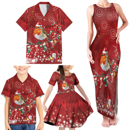 Australia Red - capped Robin Christmas In July Family Matching Tank Maxi Dress and Hawaiian Shirt Aussie Passerine Bird Merry Xmas
