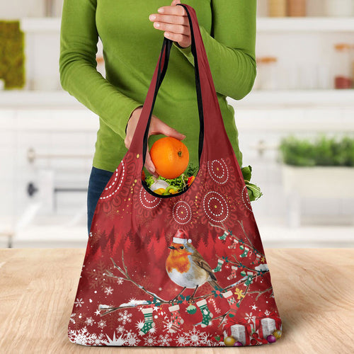 Australia Red - capped Robin Christmas In July Grocery Bag Aussie Passerine Bird Merry Xmas