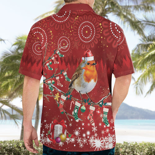 Australia Red - capped Robin Christmas In July Hawaiian Shirt Aussie Passerine Bird Merry Xmas