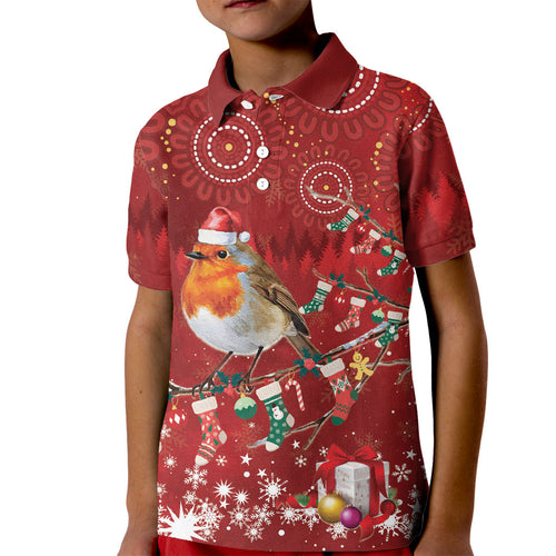 Australia Red - capped Robin Christmas In July Kid Polo Shirt Aussie Passerine Bird Merry Xmas