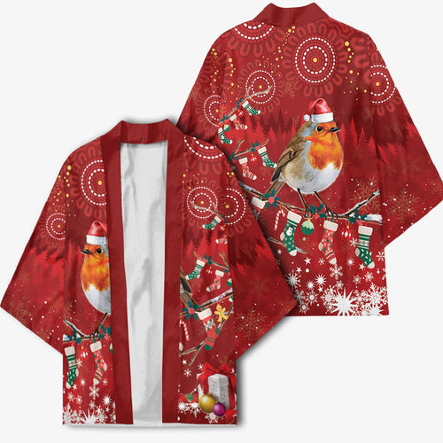 Australia Red - capped Robin Christmas In July Kimono Aussie Passerine Bird Merry Xmas