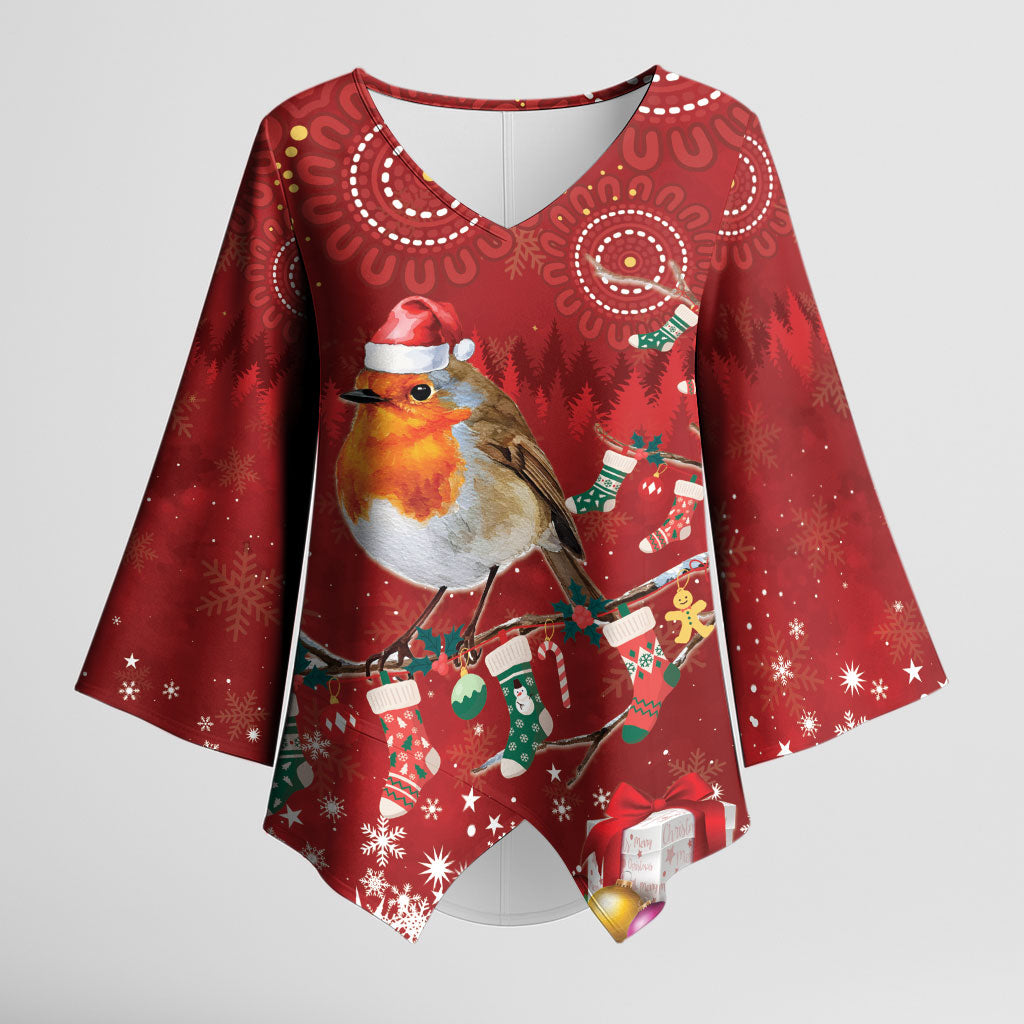 Australia Red - capped Robin Christmas In July Kimono Sleeve Blouse Aussie Passerine Bird Merry Xmas
