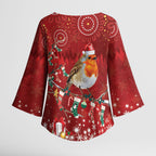 Australia Red - capped Robin Christmas In July Kimono Sleeve Blouse Aussie Passerine Bird Merry Xmas