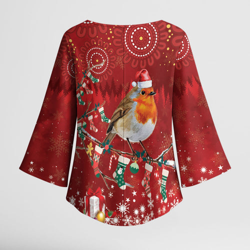 Australia Red - capped Robin Christmas In July Kimono Sleeve Blouse Aussie Passerine Bird Merry Xmas