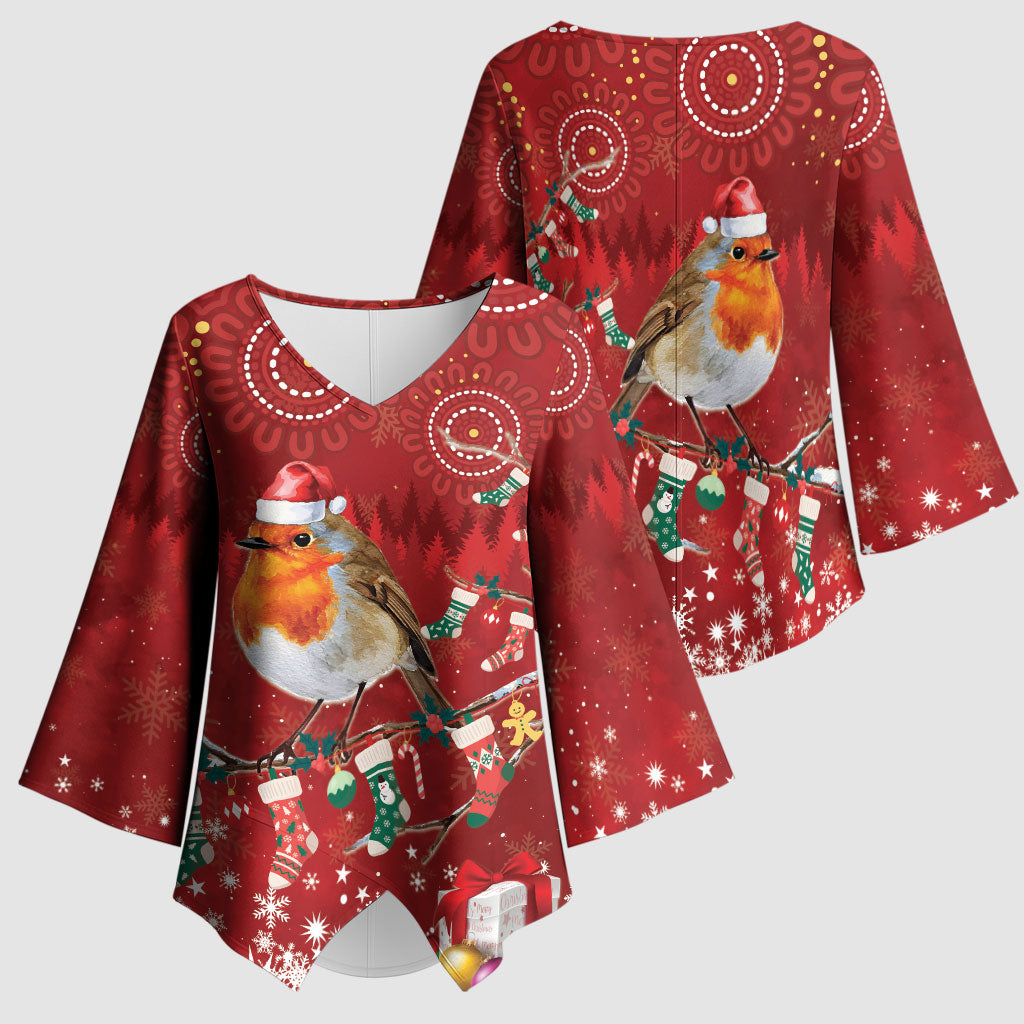 Australia Red - capped Robin Christmas In July Kimono Sleeve Blouse Aussie Passerine Bird Merry Xmas