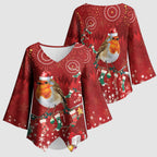 Australia Red - capped Robin Christmas In July Kimono Sleeve Blouse Aussie Passerine Bird Merry Xmas