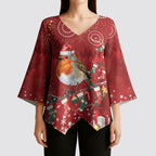 Australia Red - capped Robin Christmas In July Kimono Sleeve Blouse Aussie Passerine Bird Merry Xmas