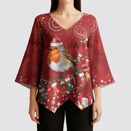 Australia Red - capped Robin Christmas In July Kimono Sleeve Blouse Aussie Passerine Bird Merry Xmas