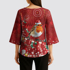 Australia Red - capped Robin Christmas In July Kimono Sleeve Blouse Aussie Passerine Bird Merry Xmas