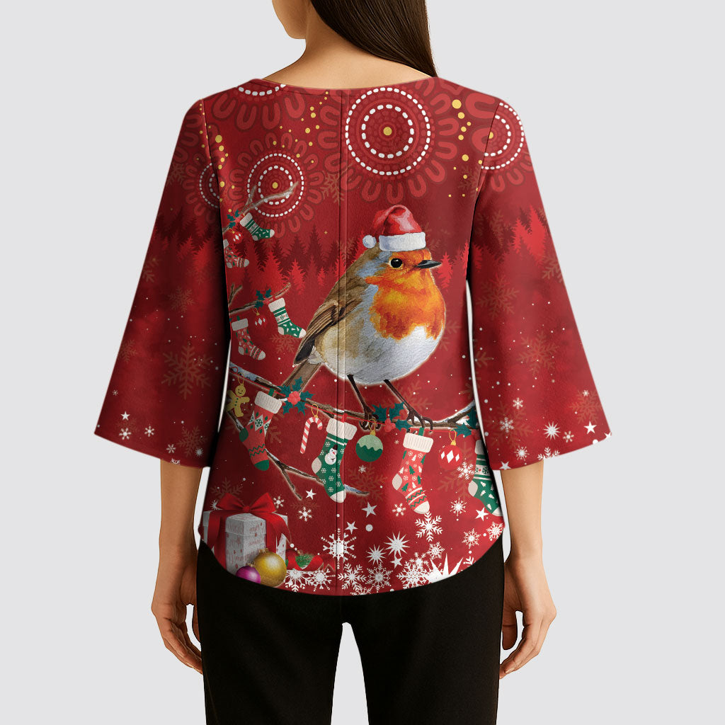 Australia Red - capped Robin Christmas In July Kimono Sleeve Blouse Aussie Passerine Bird Merry Xmas