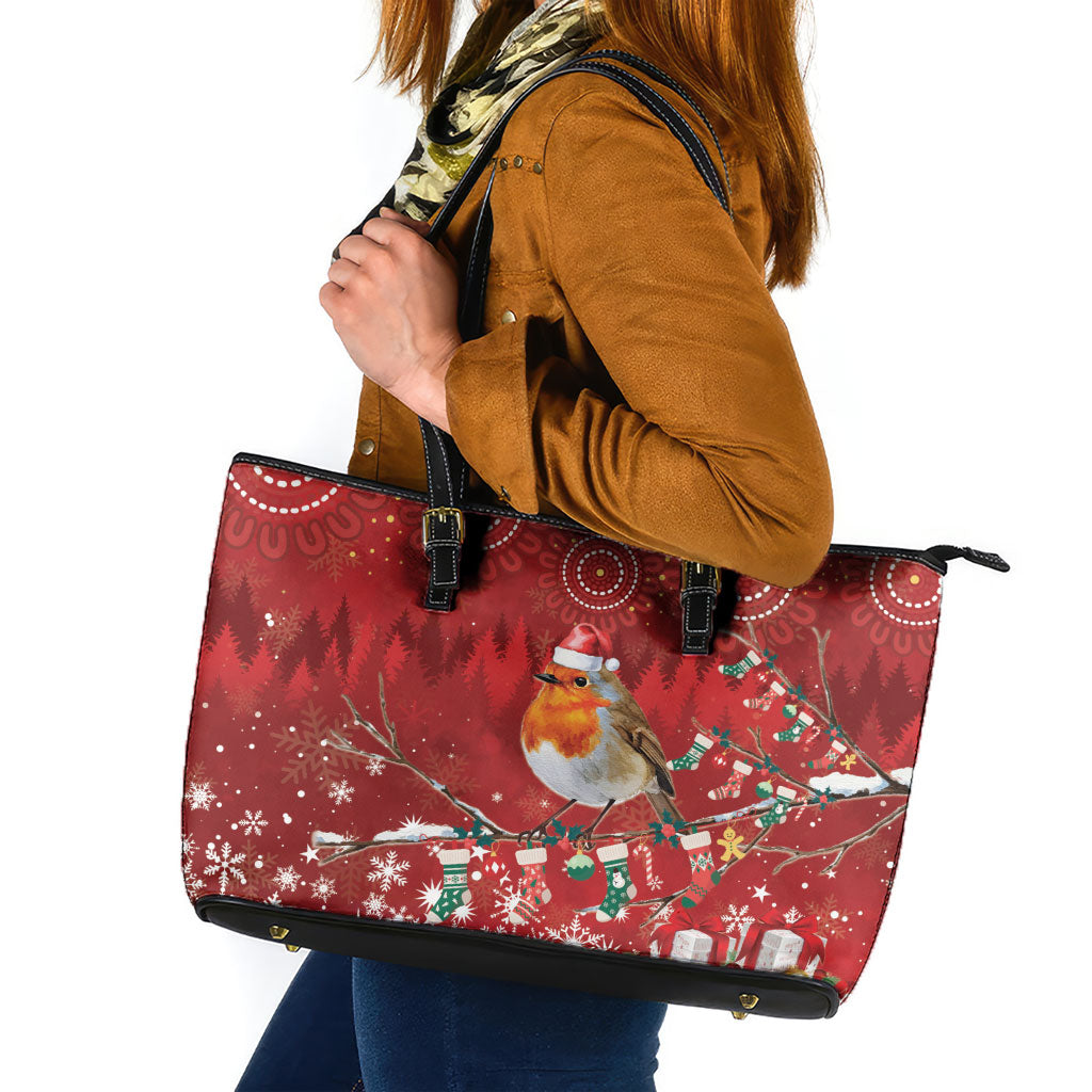 Australia Red - capped Robin Christmas In July Leather Tote Bag Aussie Passerine Bird Merry Xmas