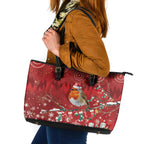 Australia Red - capped Robin Christmas In July Leather Tote Bag Aussie Passerine Bird Merry Xmas