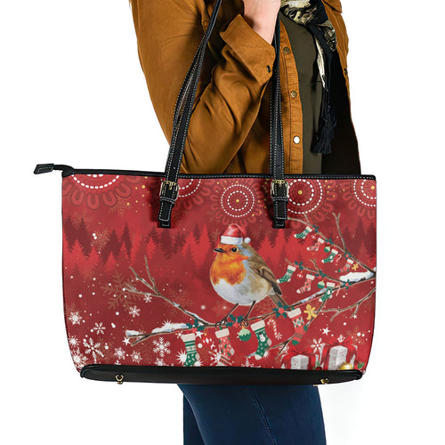 Australia Red - capped Robin Christmas In July Leather Tote Bag Aussie Passerine Bird Merry Xmas
