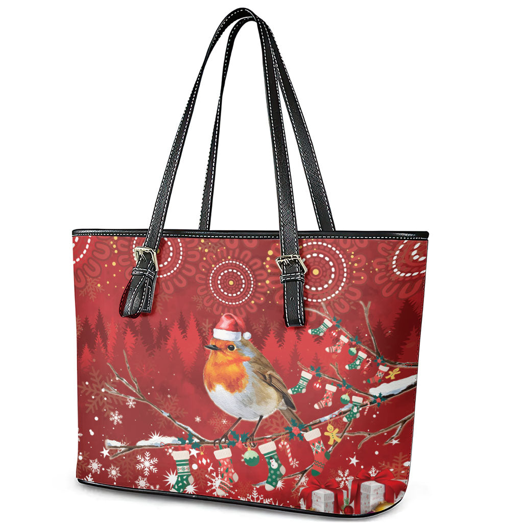 Australia Red - capped Robin Christmas In July Leather Tote Bag Aussie Passerine Bird Merry Xmas
