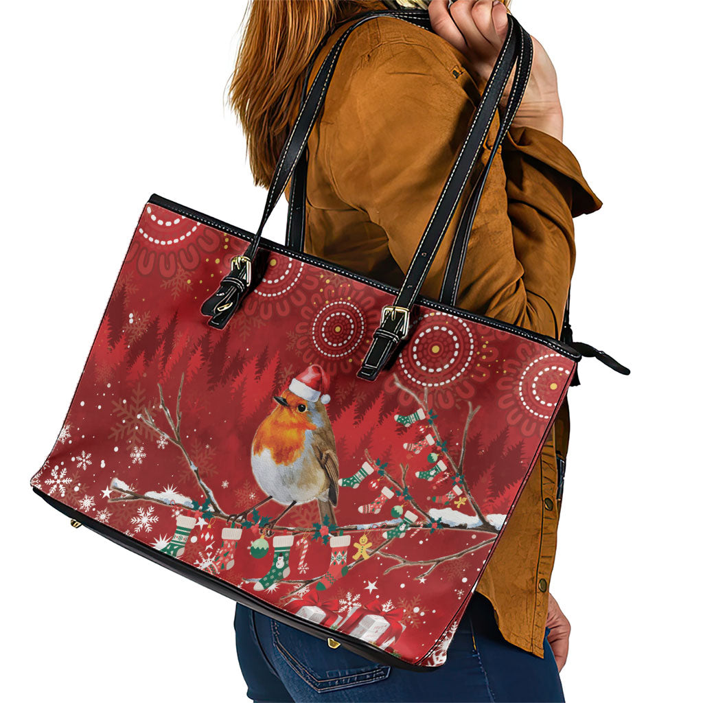 Australia Red - capped Robin Christmas In July Leather Tote Bag Aussie Passerine Bird Merry Xmas