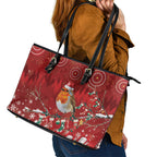 Australia Red - capped Robin Christmas In July Leather Tote Bag Aussie Passerine Bird Merry Xmas