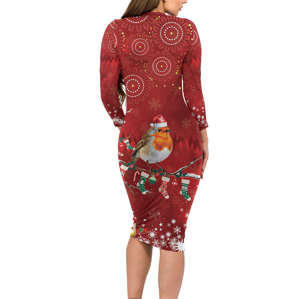 Australia Red - capped Robin Christmas In July Long Sleeve Bodycon Dress Aussie Passerine Bird Merry Xmas