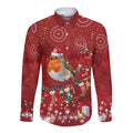 Australia Red - capped Robin Christmas In July Long Sleeve Button Shirt Aussie Passerine Bird Merry Xmas