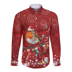 Australia Red - capped Robin Christmas In July Long Sleeve Button Shirt Aussie Passerine Bird Merry Xmas
