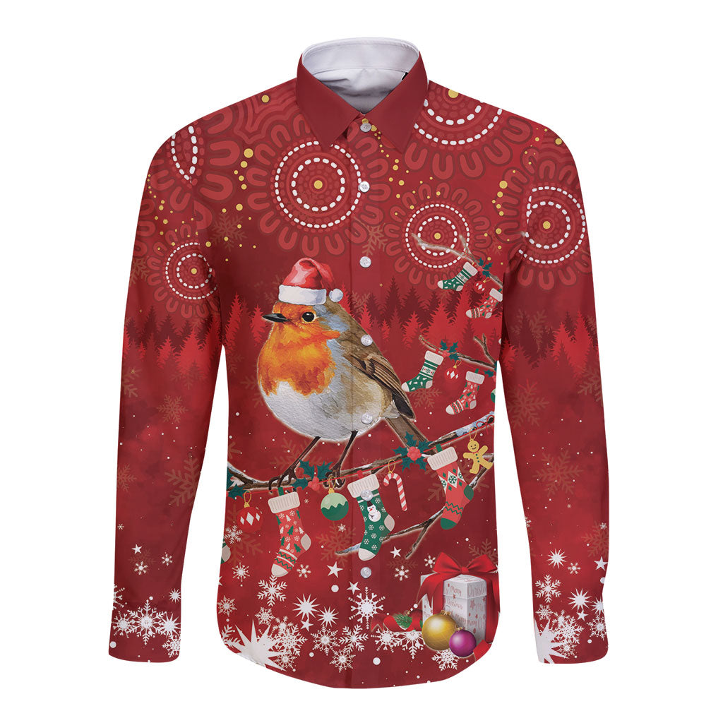 Australia Red - capped Robin Christmas In July Long Sleeve Button Shirt Aussie Passerine Bird Merry Xmas