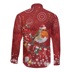 Australia Red - capped Robin Christmas In July Long Sleeve Button Shirt Aussie Passerine Bird Merry Xmas