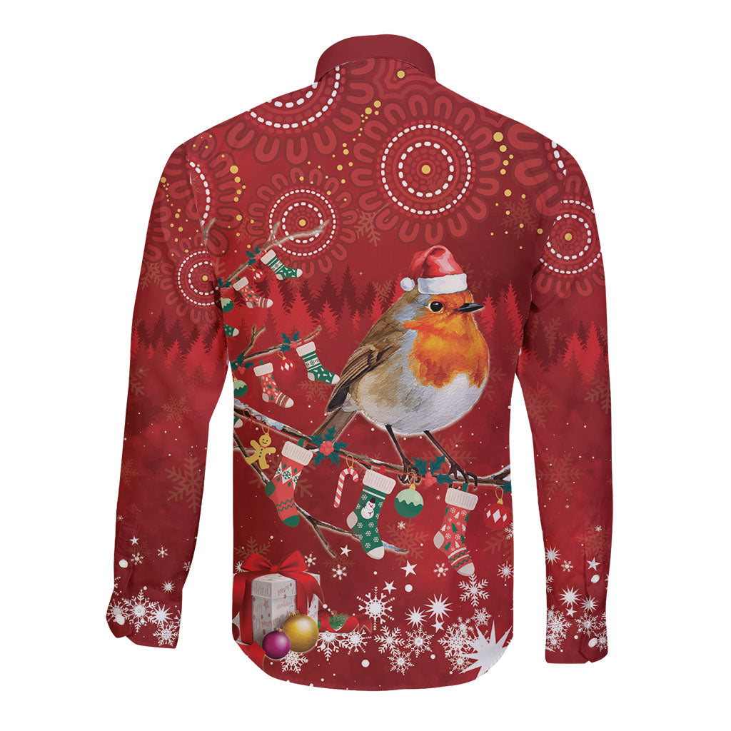 Australia Red - capped Robin Christmas In July Long Sleeve Button Shirt Aussie Passerine Bird Merry Xmas
