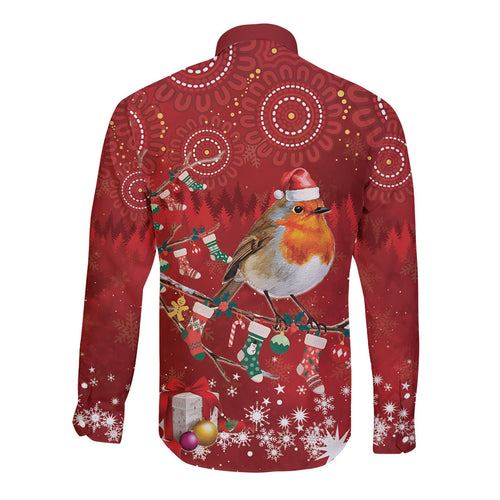 Australia Red - capped Robin Christmas In July Long Sleeve Button Shirt Aussie Passerine Bird Merry Xmas