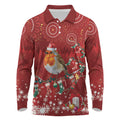Australia Red - capped Robin Christmas In July Long Sleeve Polo Shirt Aussie Passerine Bird Merry Xmas