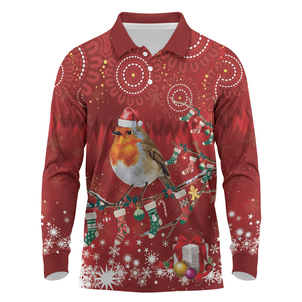 Australia Red - capped Robin Christmas In July Long Sleeve Polo Shirt Aussie Passerine Bird Merry Xmas