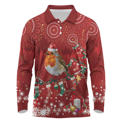 Australia Red - capped Robin Christmas In July Long Sleeve Polo Shirt Aussie Passerine Bird Merry Xmas