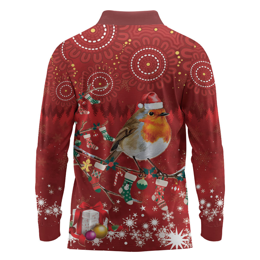 Australia Red - capped Robin Christmas In July Long Sleeve Polo Shirt Aussie Passerine Bird Merry Xmas