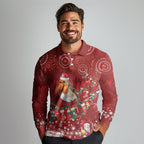 Australia Red - capped Robin Christmas In July Long Sleeve Polo Shirt Aussie Passerine Bird Merry Xmas