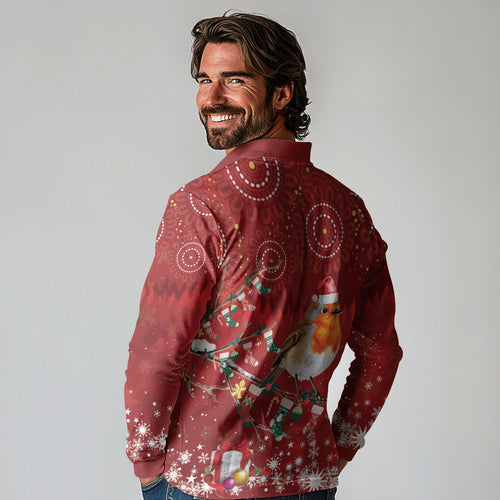 Australia Red - capped Robin Christmas In July Long Sleeve Polo Shirt Aussie Passerine Bird Merry Xmas
