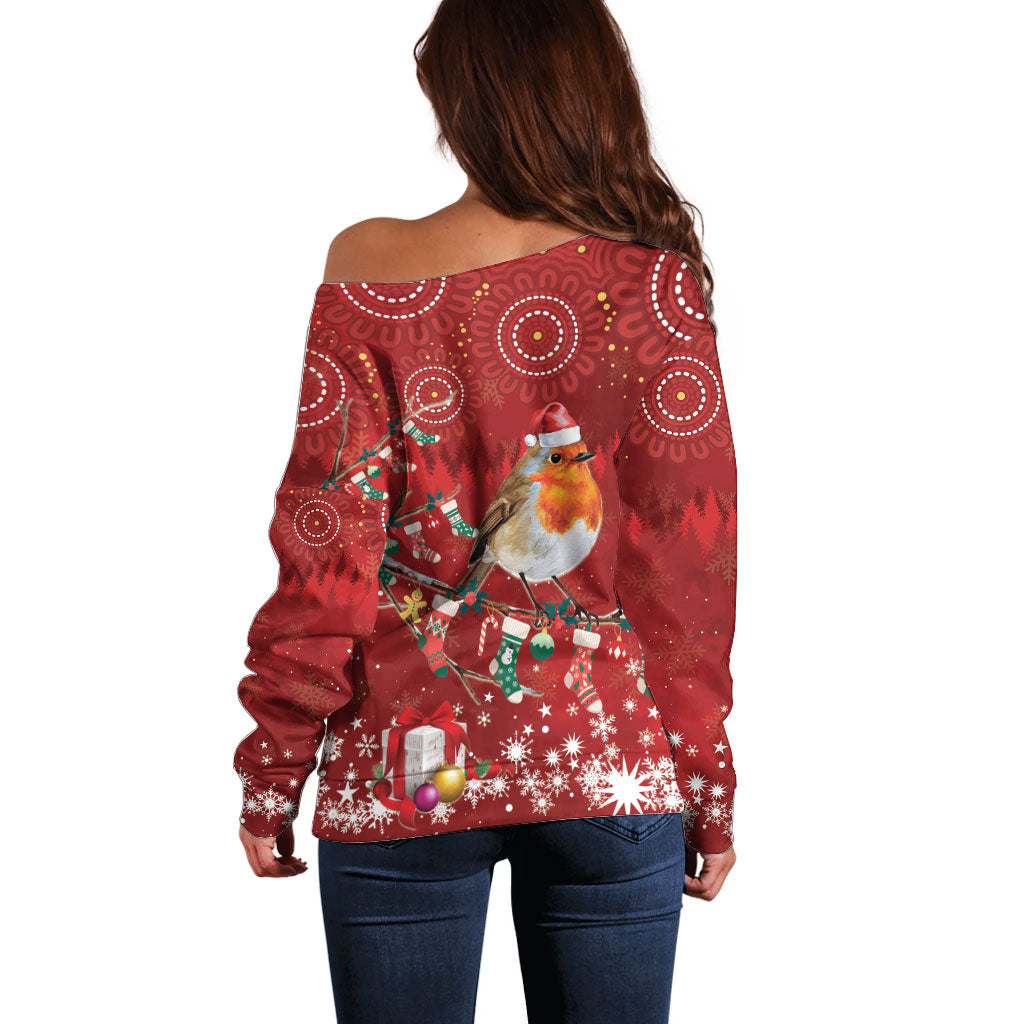 Australia Red - capped Robin Christmas In July Off Shoulder Sweater Aussie Passerine Bird Merry Xmas