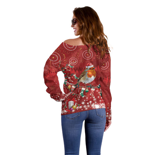 Australia Red - capped Robin Christmas In July Off Shoulder Sweater Aussie Passerine Bird Merry Xmas